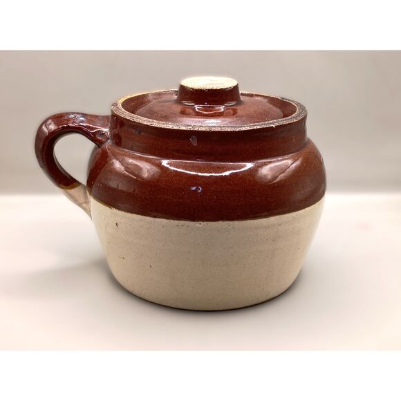 Antique Small Bean Pot Single Handle Stoneware Crock Brown Cream USA Crockery - Picture 1 of 15